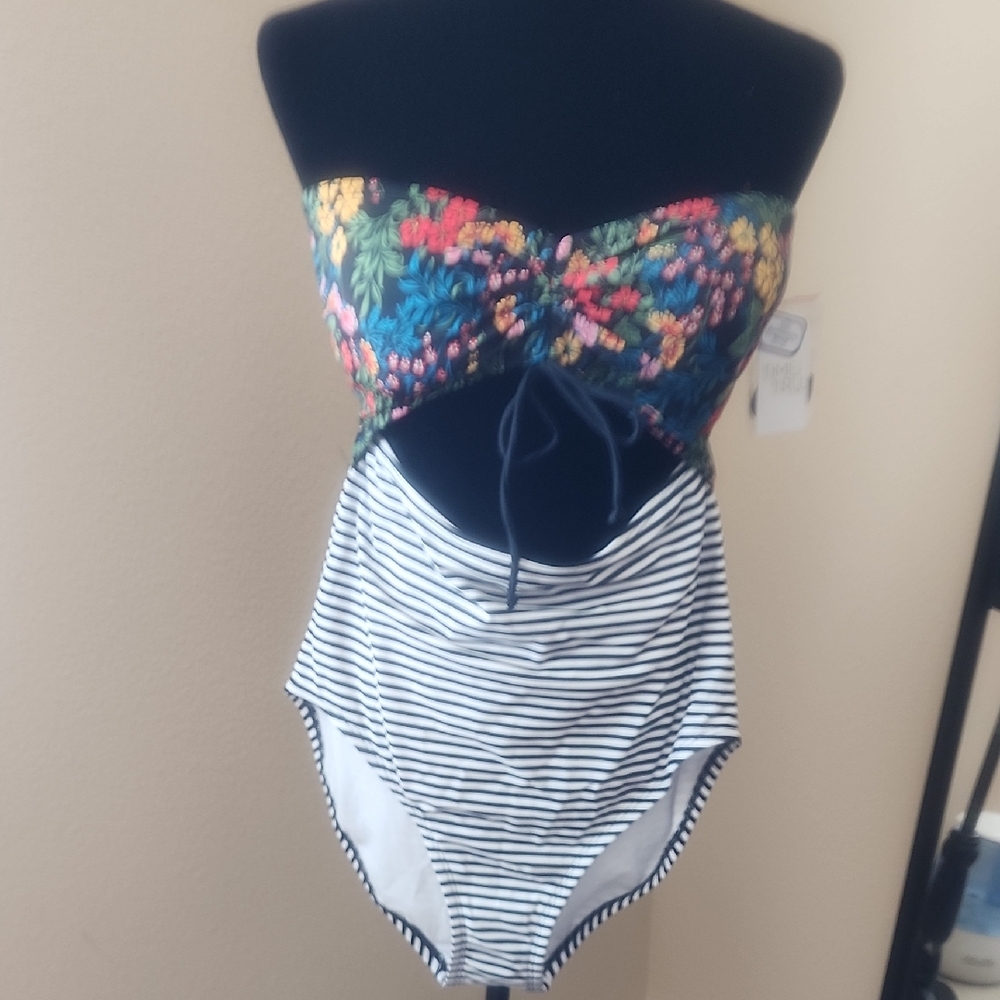 Time and Tru Floral and Striped One Piece Swimsuit